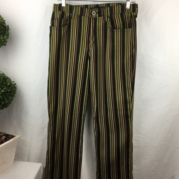 Arden B Green & Black Striped Velvet Soft Retro Flair Trouser Pants 8 - Picture 2 of 9